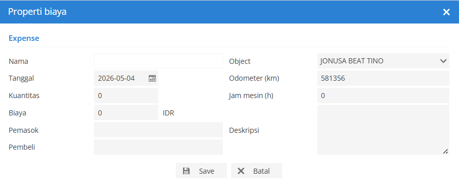 Tampilan Form Properti Pengeluaran