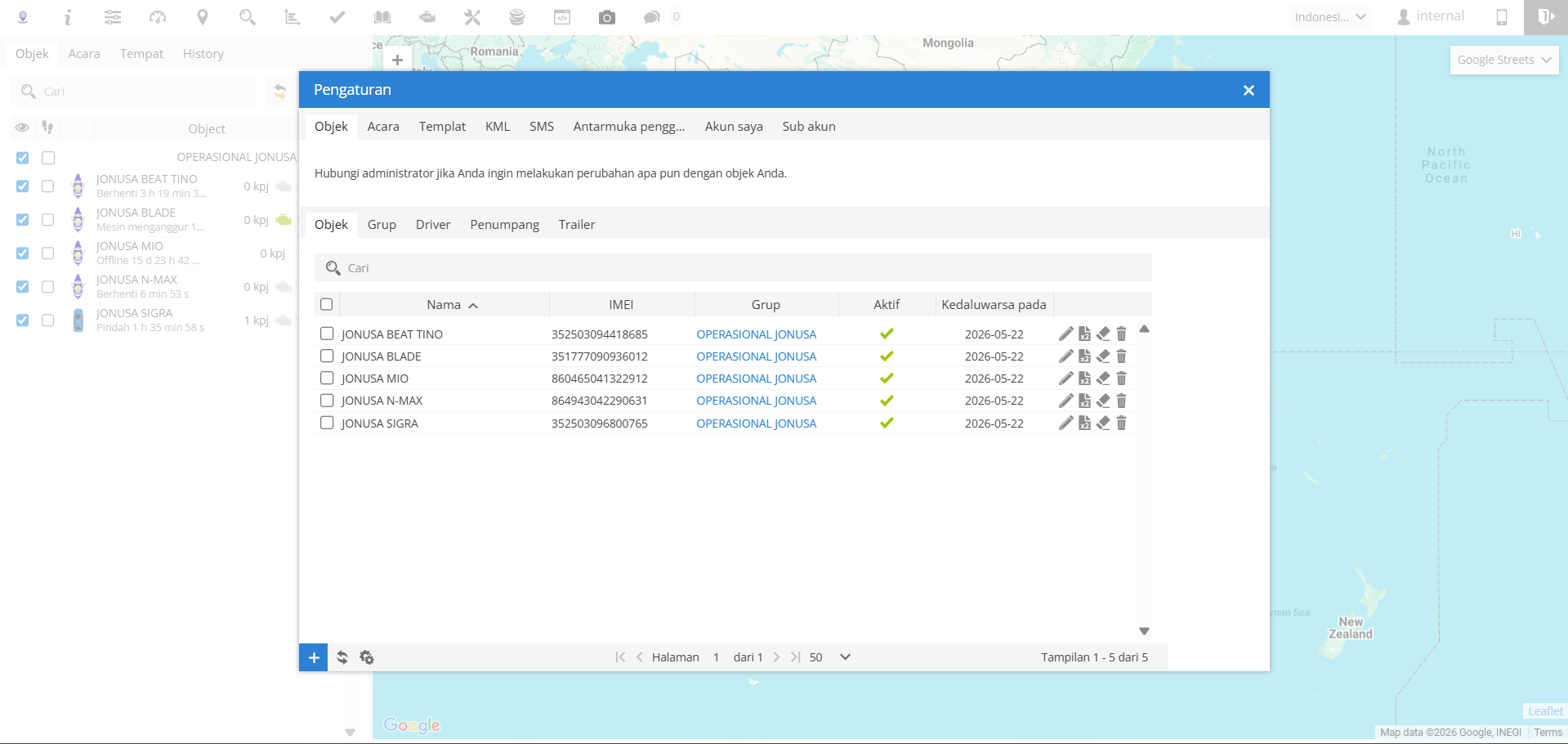 Tampilan Menu Pengaturan GPS Server